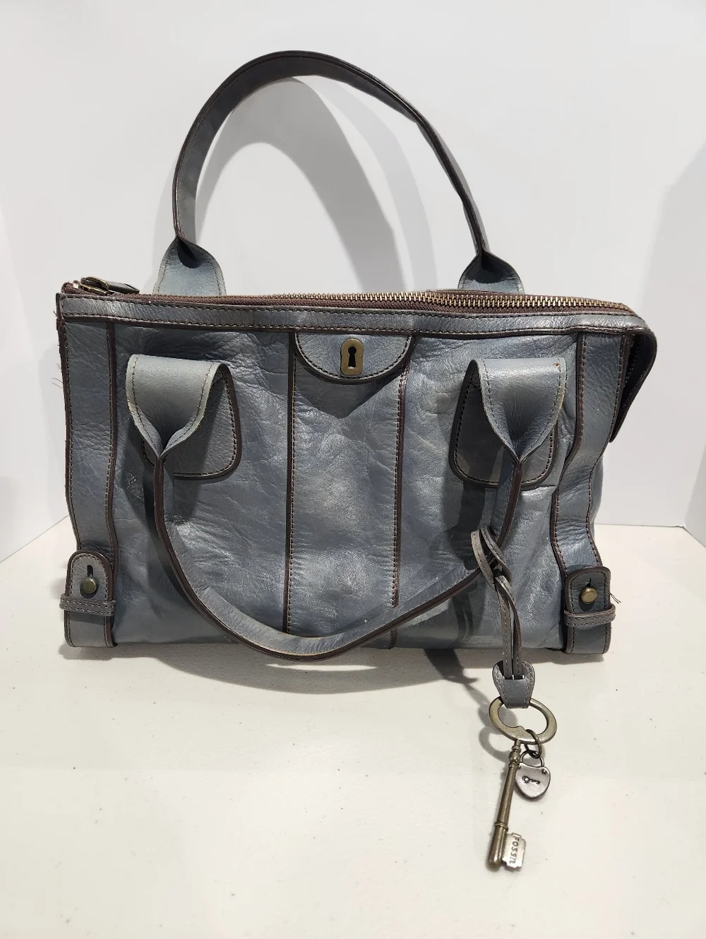 Fossil Vintage Reissue Leather Handbag Satchel Slate Blue With Key Accessory